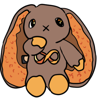  the special edition gold Plushie Dreadful autism rabbit in a sitting position. it is a brown bunny with long ears that have bumpy orange insides, a gold infinity sign on its chest, wide black eyes with gold highlights, an 'x' for a mouth, and gold crennelation-style paws. one paw is on its chin